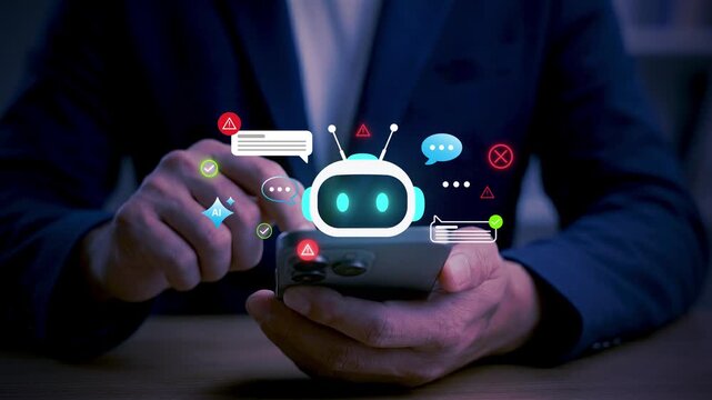 AI chatbot communication and risk management concept with user interacting on smartphone, messaging interface, alerts, and compliance checks to ensure secure digital communication and data protection 