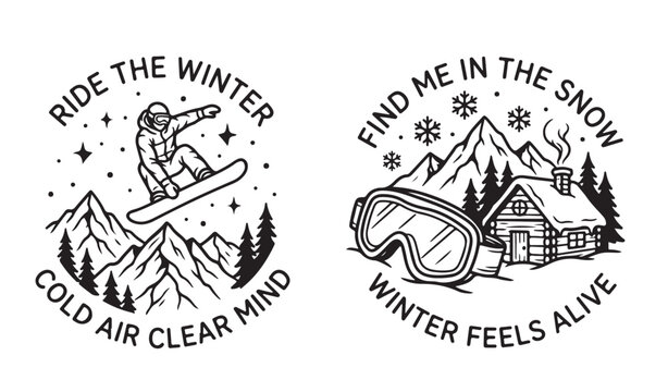 Winter Mountain Adventure Illustrations Feature a Snowboarder Jumping Above Snowy Peaks and a Cozy Cabin Scene With Ski Goggles, Capturing the Spirit of Cold Weather Activities