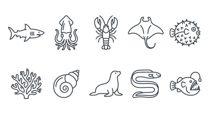 Collection of marine animal icons in a simple line art style, representing sea life. © Terra