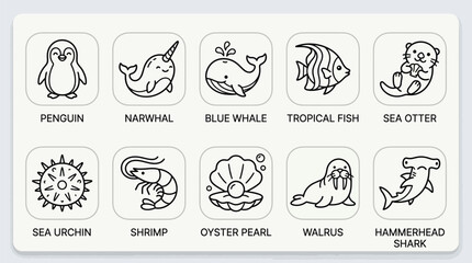 Collection of cute cartoon line art icons representing various marine animals and sea creatures. © Terra