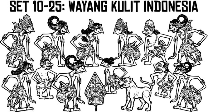 Indonesian Wayang Kulit Shadow Puppets Characters Set - Traditional Asian Culture Black and White Line Art Drawing