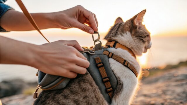 A person is fastening a harness on a cat as the sun sets, with a blurred natural outdoor background.
