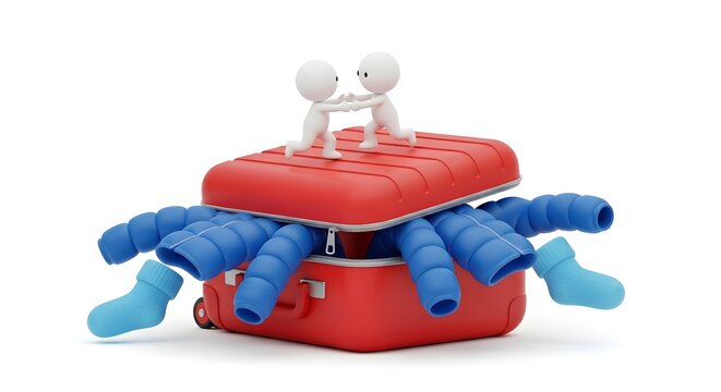 Figures trying to close an overpacked red suitcase