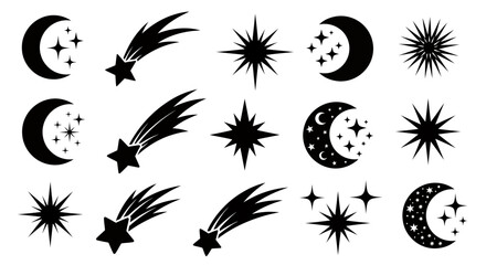 Fototapeta premium Collection of black celestial symbols featuring moons, stars, comets and shooting stars in a decorative pattern.