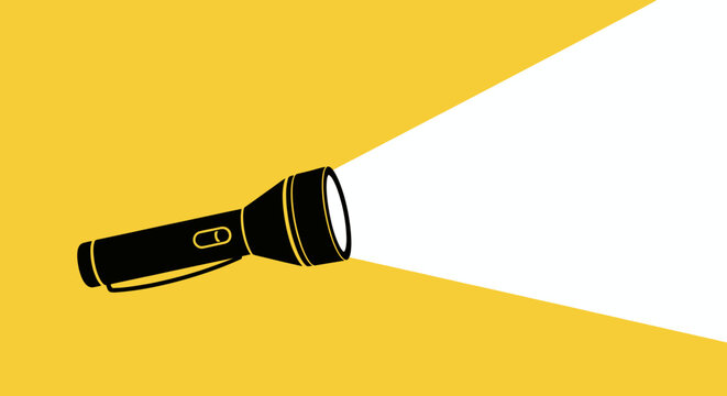 Stylized yellow background with a black handheld flashlight projecting a beam in a simple vector illustration.