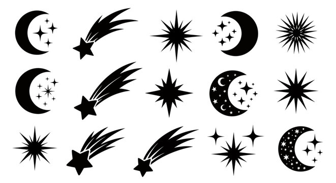 Collection of black celestial symbols featuring moons, stars, comets and shooting stars in a decorative pattern.