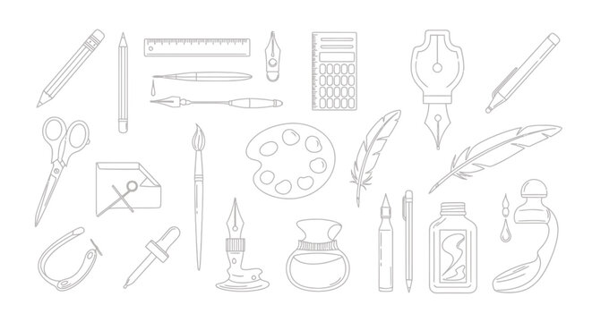 Assortment of traditional art supplies including brushes pens pencils and palettes arranged for creative design.