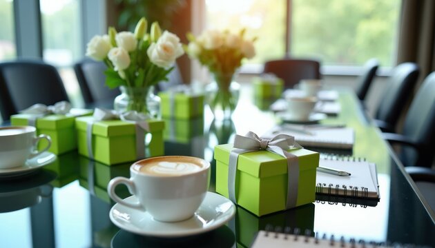 Boardroom table with green gift boxes, coffee cups, notebooks, and white flowers. Chairs surround glossy surface. Professional business setup for meeting or client appreciation event.