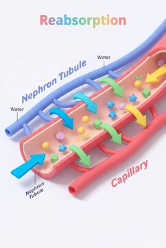 Dynamic medical illustration explaining renal reabsorption of water and vital substances from nephron tubules into blood capillaries, essential for body fluid balance