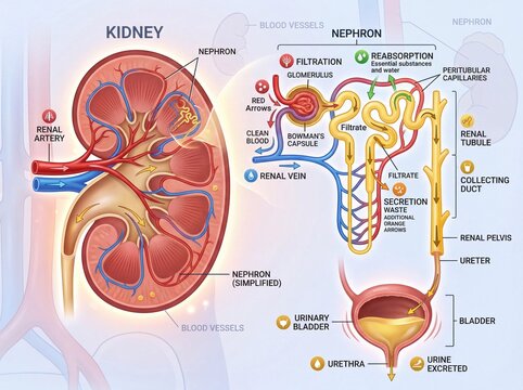 Comprehensive diagram of human kidney structure and the intricate functions of the nephron, detailing filtration and urine formation