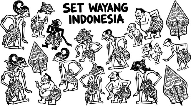 Black and White Line Art Illustration of Indonesian Wayang Puppets and Cultural Symbols