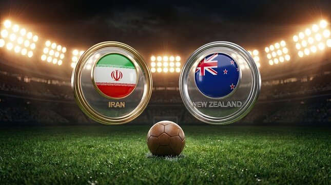 Iran vs New Zealand Soccer Match Concept With National Flags And Football On Green Grass Field