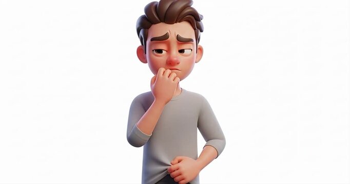 Animated character concerned expression isolated white background