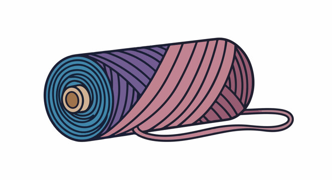 A rolled ball of yarn in shades of blue, purple, and pink, with a loose end