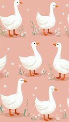 Obraz premium Cute white geese illustration on pink pastel background with flowers and grass. Adorable cartoon birds repeat pattern for children, baby products, wallpaper, and spring decor.