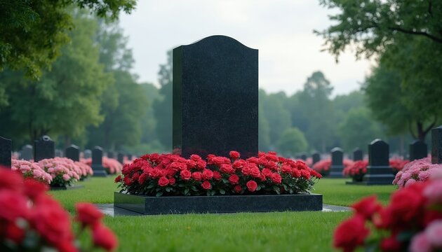 Dark granite headstone surrounded by vibrant red, pink roses in peaceful cemetery landscape. Rows of gravestones, trees create tranquil setting. Stone memorial for remembrance. Flowers signify love.