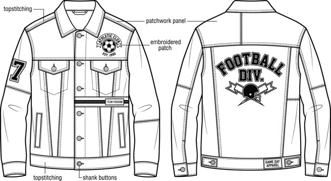 Vector fashion technical sketch of a denim jacket front and back view featuring football graphics and topstitching details