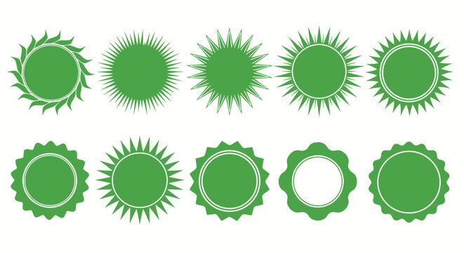Assorted green sunburst badge icons and circular labels collection.