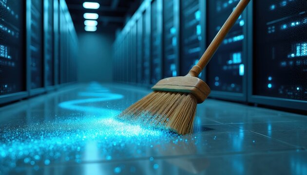 Broom cleans glowing blue digital dust in futuristic data center server room. Abstract concept of system cleanup maintenance and optimization. Shiny floor reflects lights from server racks.