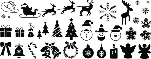 Fototapeta premium Collection of black silhouette Christmas including Santa sleigh reindeer trees snowmen gifts