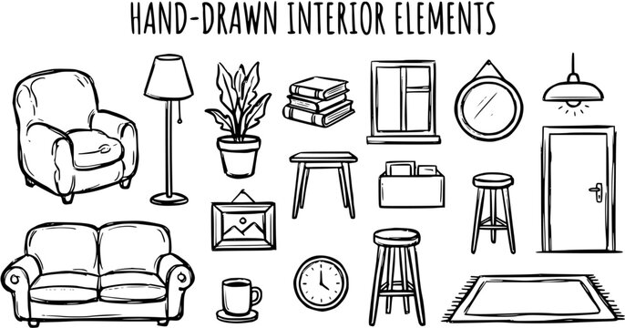 Hand-Drawn Black and White Line Art Interior Elements Collection for Home Decor and Furniture Design. Sketchy Icons for Lifestyle and Real Estate.