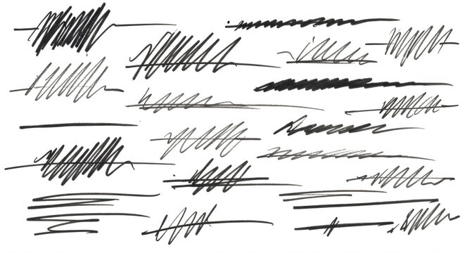 A collection of hand-drawn white pencil scribbles, messy lines, and chaotic cross-hatching marks isolated on a solid black background