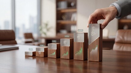 Obraz na płótnie Canvas Businessman arranging wooden blocks with green graphs and growth percentages on office desk with city view