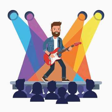 A bearded musician plays electric guitar on stage under vibrant spotlights. Silhouetted audience watches his energetic show.