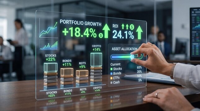 Businessperson analyzing investment portfolio growth on a futuristic transparent screen in a modern office