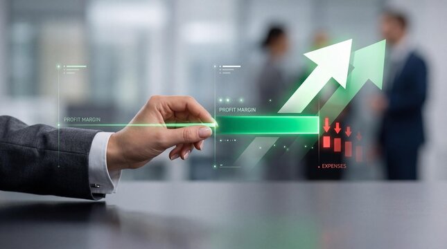 Businessman analyzing profit margin graph with rising green arrow in modern office setting