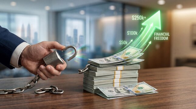Hand holding padlock breaking free from financial chains with stack of money and growing wealth graph
