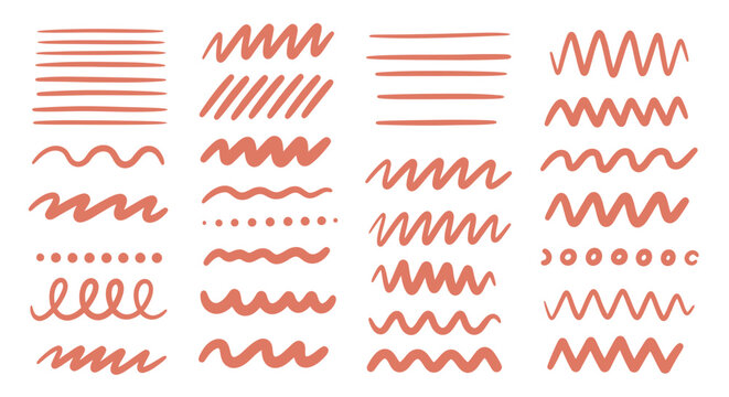 Collection of assorted orange brushstroke patterns and wavy lines on white background.
