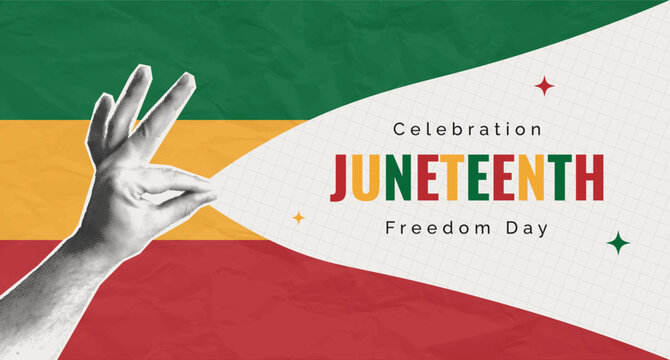 Celebration Juneteenth Freedom Day. African American Independence Day June 19 halftone banner template. Vector illustration with pop art collage hand and paper cut out sheet.