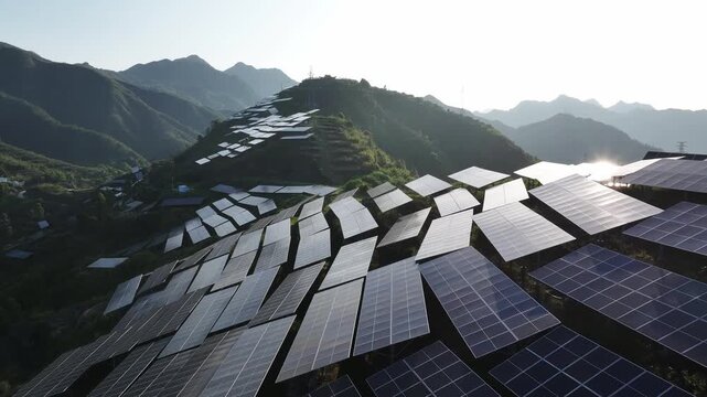 solar power station on mountain terraces with panel arrays