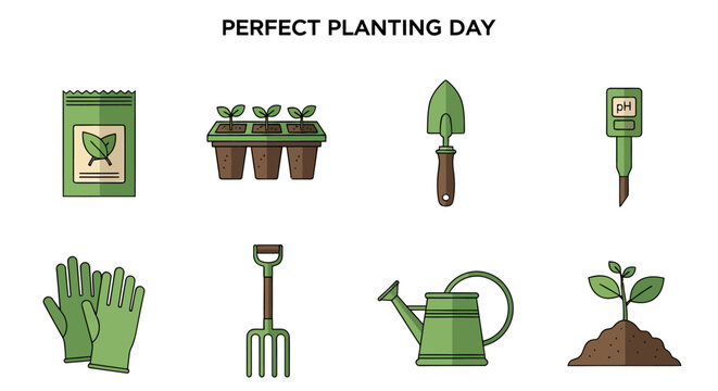 A grid of eight greentoned garden icons including seeds seedlings tools and a pH meter on a white background