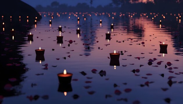 Floating candles on calm water at dusk with reflections and soft light
