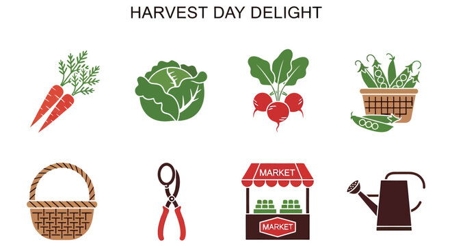 A set of eight flatdesign icons depicting vegetables gardening tools a basket and a market stall