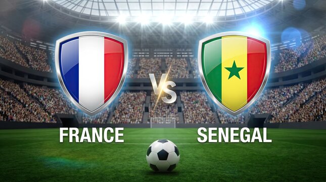 France Vs Senegal National Football Teams Shields With Soccer Ball On Stadium Field For Sports Concepts