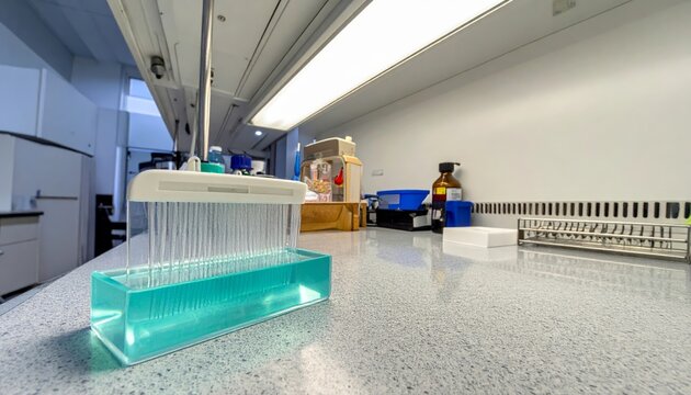 Laboratory setup with agarose gel box and buffer solution