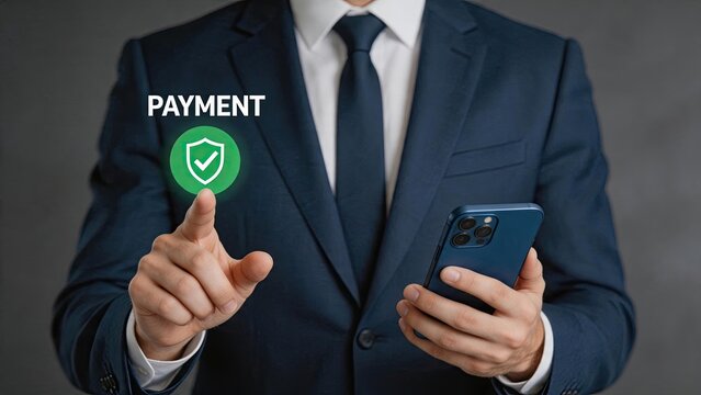 Secure mobile payment confirmation on smartphone screen, businessman touching virtual check mark button, safe online transaction and contactless banking technology concept