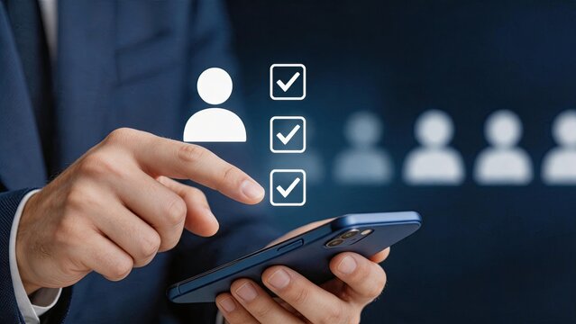 Mobile user verification checklist concept, businessman finger selecting profile icon with checkmarks on smartphone screen, identity confirmation, account login, customer database