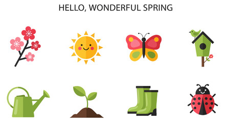Eight springthemed flat icons arranged in two rows including a flower branch sun butterfly birdhouse watering can sprout boots and ladybug © Agung