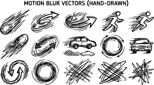 Hand-drawn Motion Blur Vectors Set. Dynamic Speed Lines, Arrows, Running Figures  Cars in Sketch Black  White Line Art for Movement Graphics.
