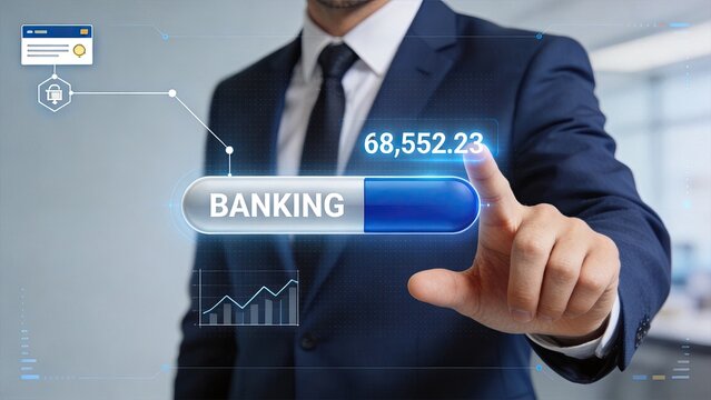 Businessman touching virtual banking button, online finance management, secure payment system, digital money transfer, account balance display, fintech application interface