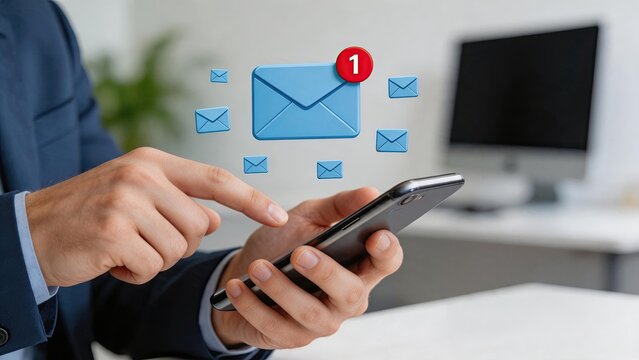Person using smartphone with email notification icon, digital communication, message alert, mobile app interface, social media contact, business correspondence, online messaging,