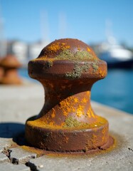 Obraz premium Rusted iron bollard with green lichen growth sits on concrete pier by blue water under clear sky. It shows signs of age and corrosion near a harbor.
