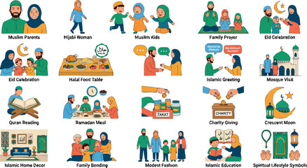 Fototapeta premium Premium Muslim Family Lifestyle Vector Icon Pack - Modern Islamic Daily Life Activities and Cultural Symbols