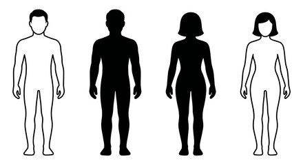 Obraz premium Man and woman human body silhouette outline figure patient front view contour. Isolated vector monochrome male and female person shapes standing full height. Bare and naked slim healthy people