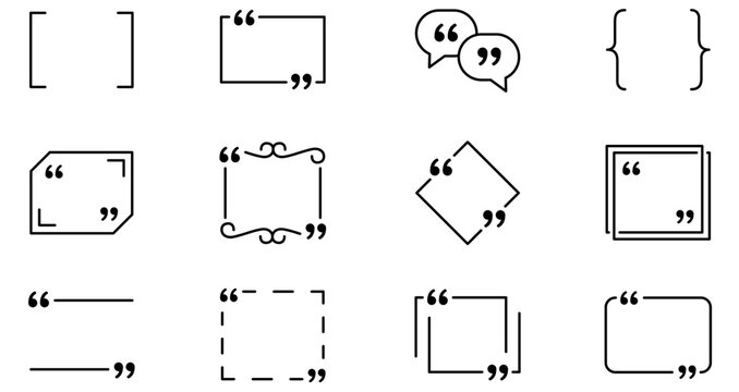 Large set of linear quote frames in various designs: squares, round bubbles, curly braces, and dashed borders. Minimalist templates for testimonials and text highlighting. Vector illustration.
