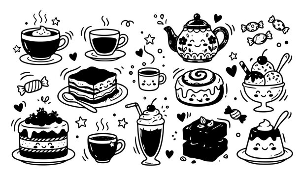 Playful coffee drinks and dessert doodle vector set with cute bakery treats